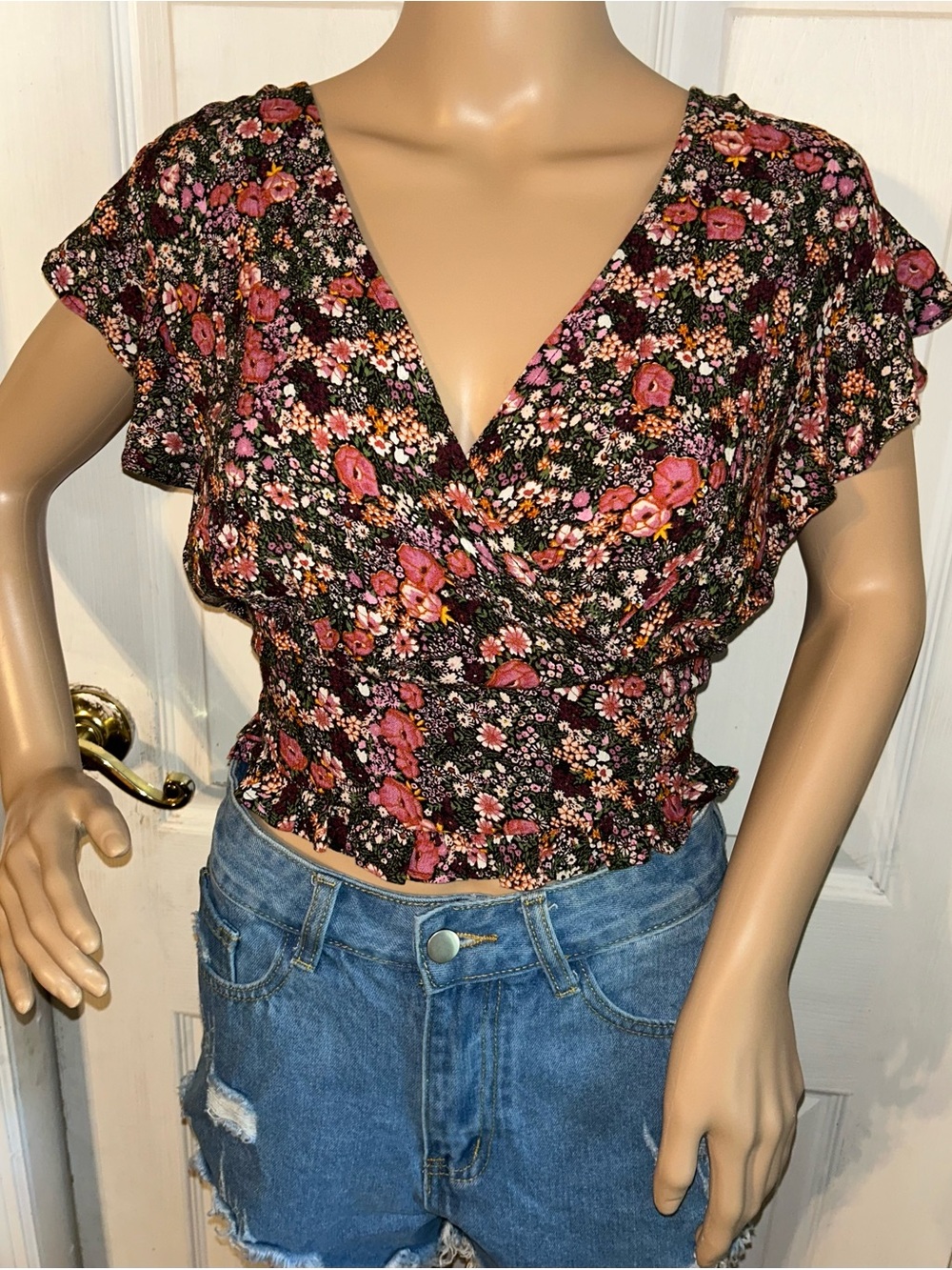 Jessica Simpson Black Floral Wrap Crop Top with Pink and Orange Blooms